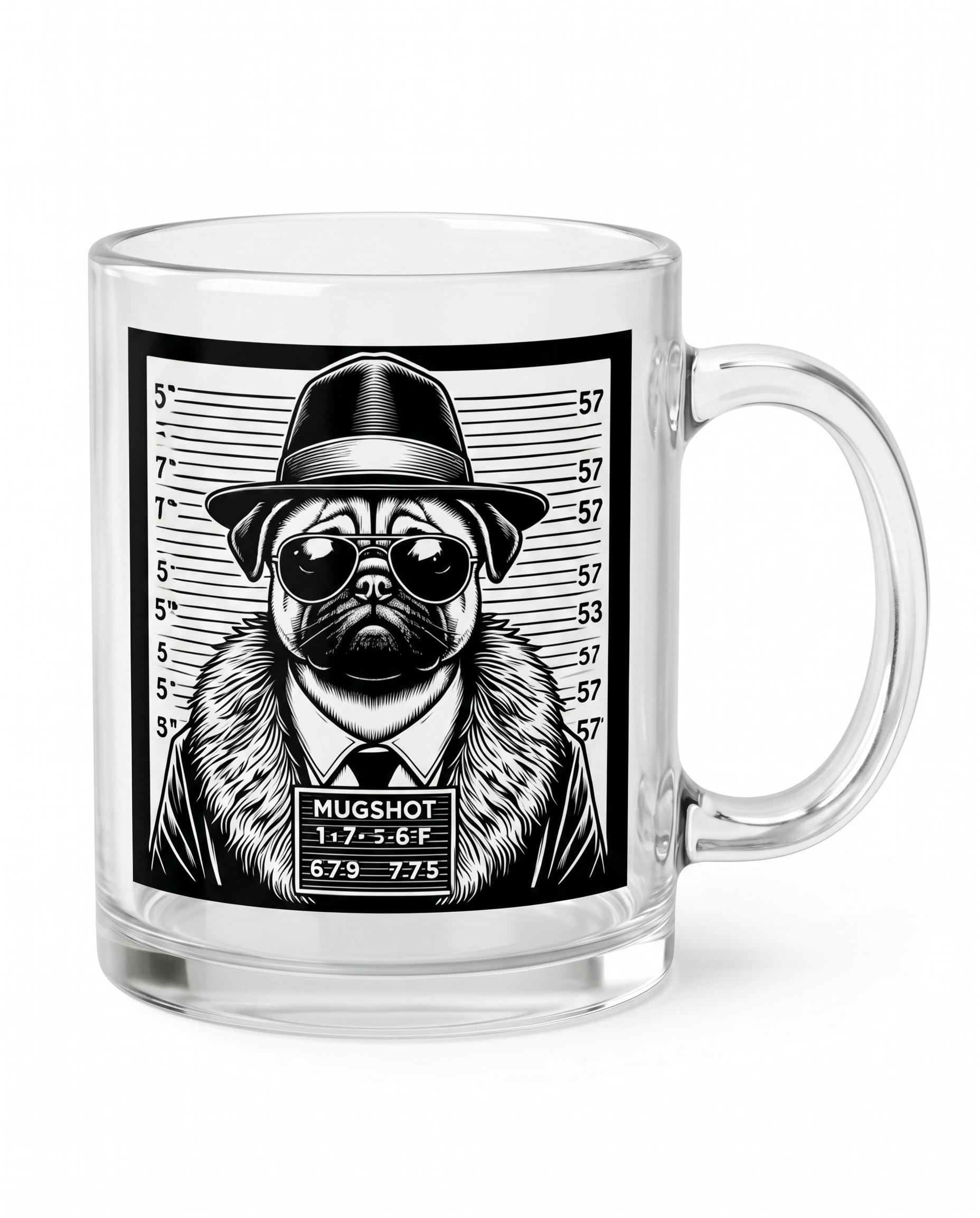 Pug Mugshot — Clear Glass Mug, 10oz
